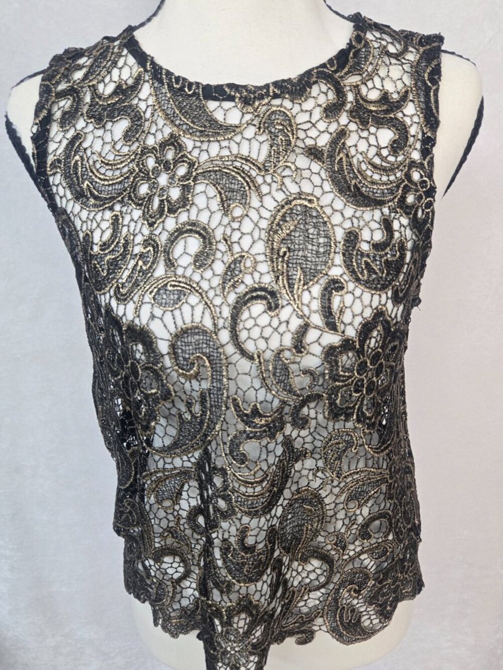 Sans Souci Top Love Letter Collection Elegant Black Lace & Gold Evening Top L